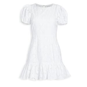 Yumi Kim White Eyelet Short Puff Sleeve Ruffle Hem Mini Dress
